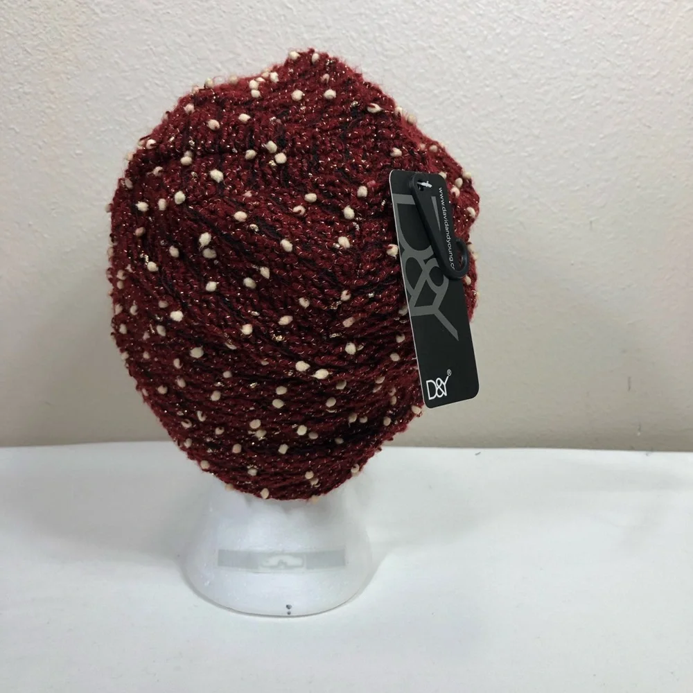 David & Young Knit Long Burgundy Black Ivory Tiny Pompons Stretchy Beanie Hat OS